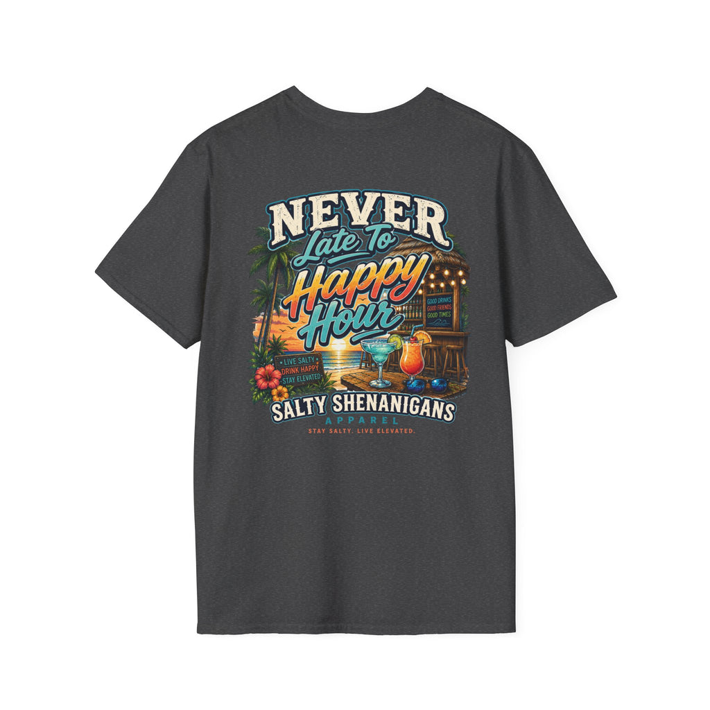 Never Late to Happy Hour Coastal Sunset Tee Printify