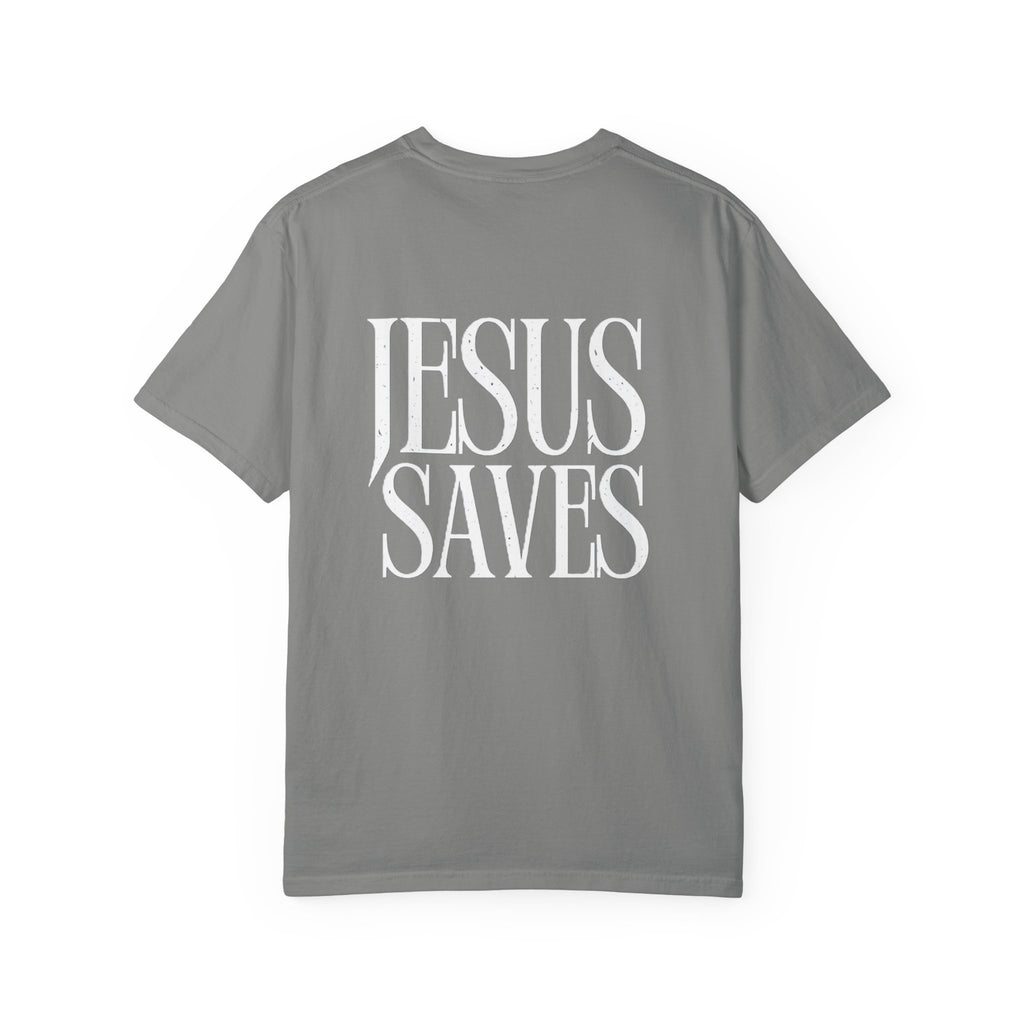 Jesus Saves T-Shirt — Minimal Embossed Religious Tee Printify