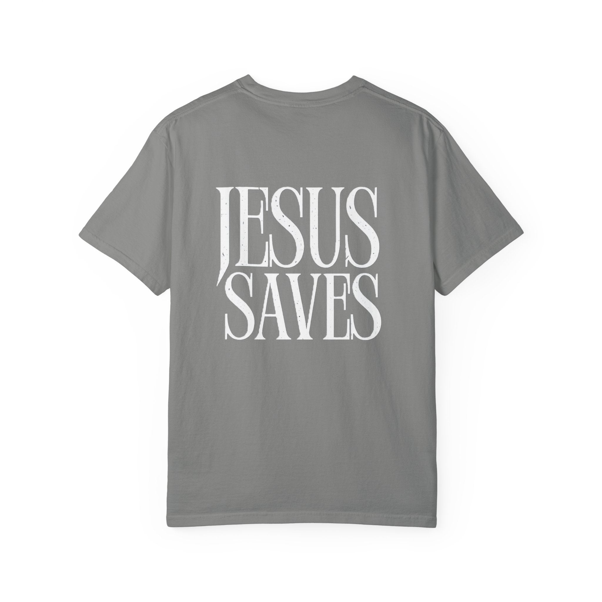 Jesus Saves T-Shirt — Minimal Embossed Religious Tee Printify