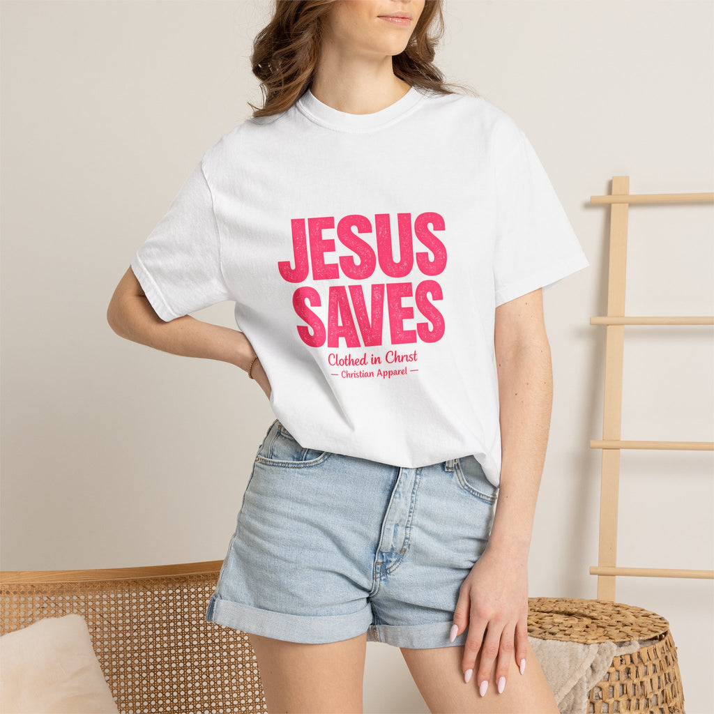 Clothed In Christ -Jesus Saves T-Shirt — Bold Pink Christian Faith Tee Printify