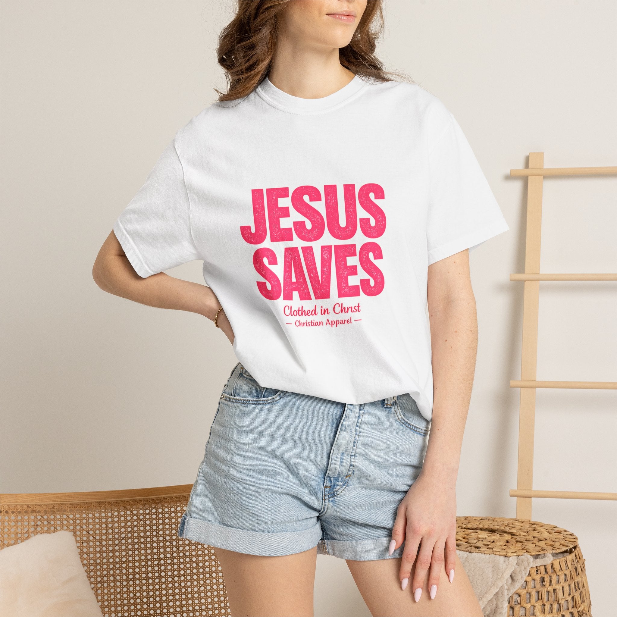 Clothed In Christ -Jesus Saves T-Shirt — Bold Pink Christian Faith Tee Printify