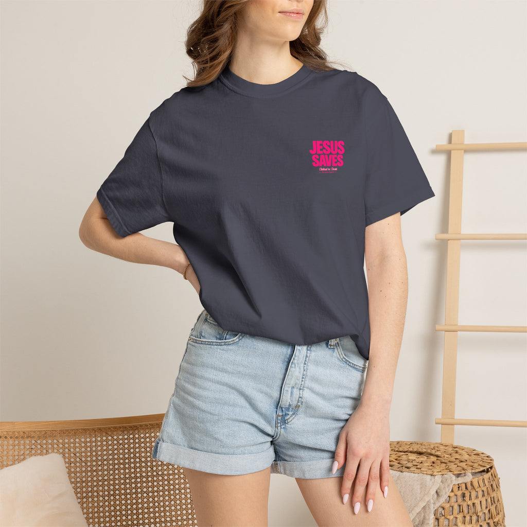 Jesus Saves T‑Shirt — Bold Pink Faith Graphic Tee Printify