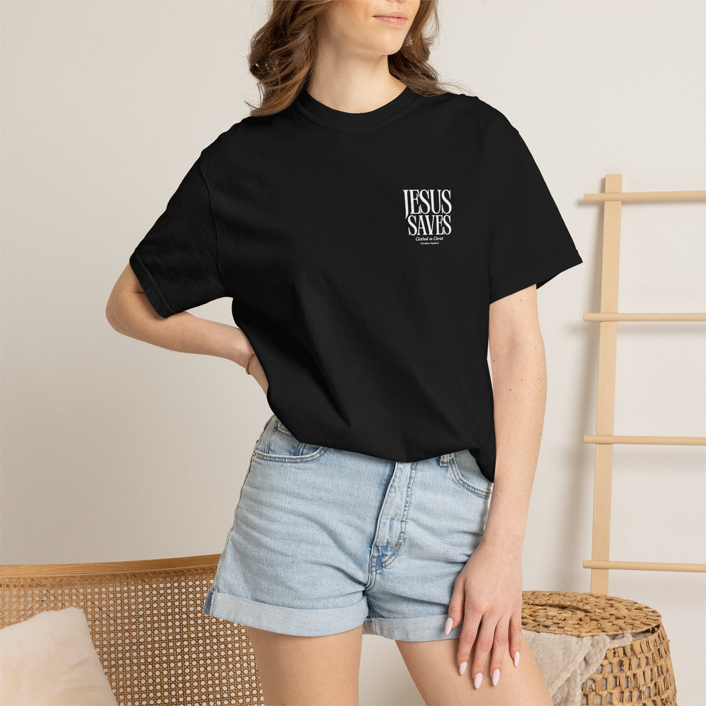 Jesus Saves T-Shirt — Minimal Embossed Religious Tee Printify
