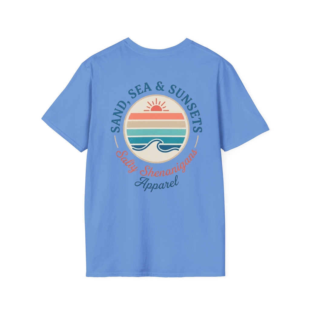 Salty Shenanigans Apparel Sand, Sea & Sunsets T-Shirt Printify