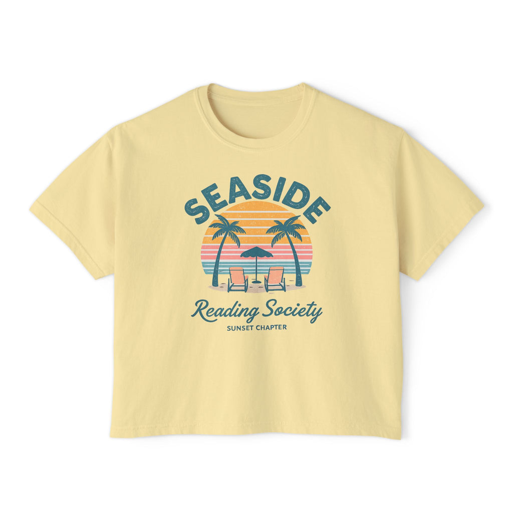 Seaside Reading Society Women's Boxy Tee — Beach Sunset Palm Graphic Printify