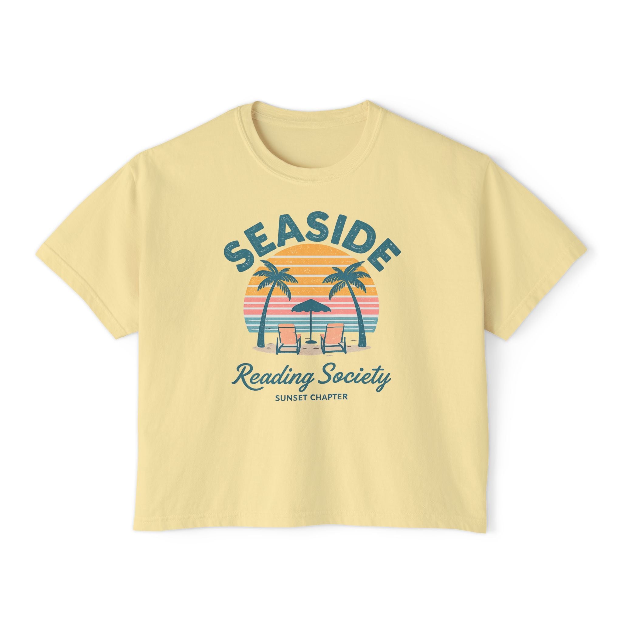 Seaside Reading Society Women's Boxy Tee — Beach Sunset Palm Graphic Printify