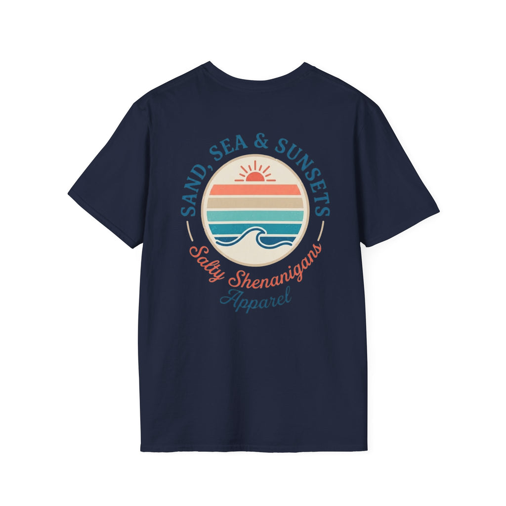 Salty Shenanigans Apparel Sand, Sea & Sunsets T-Shirt Printify