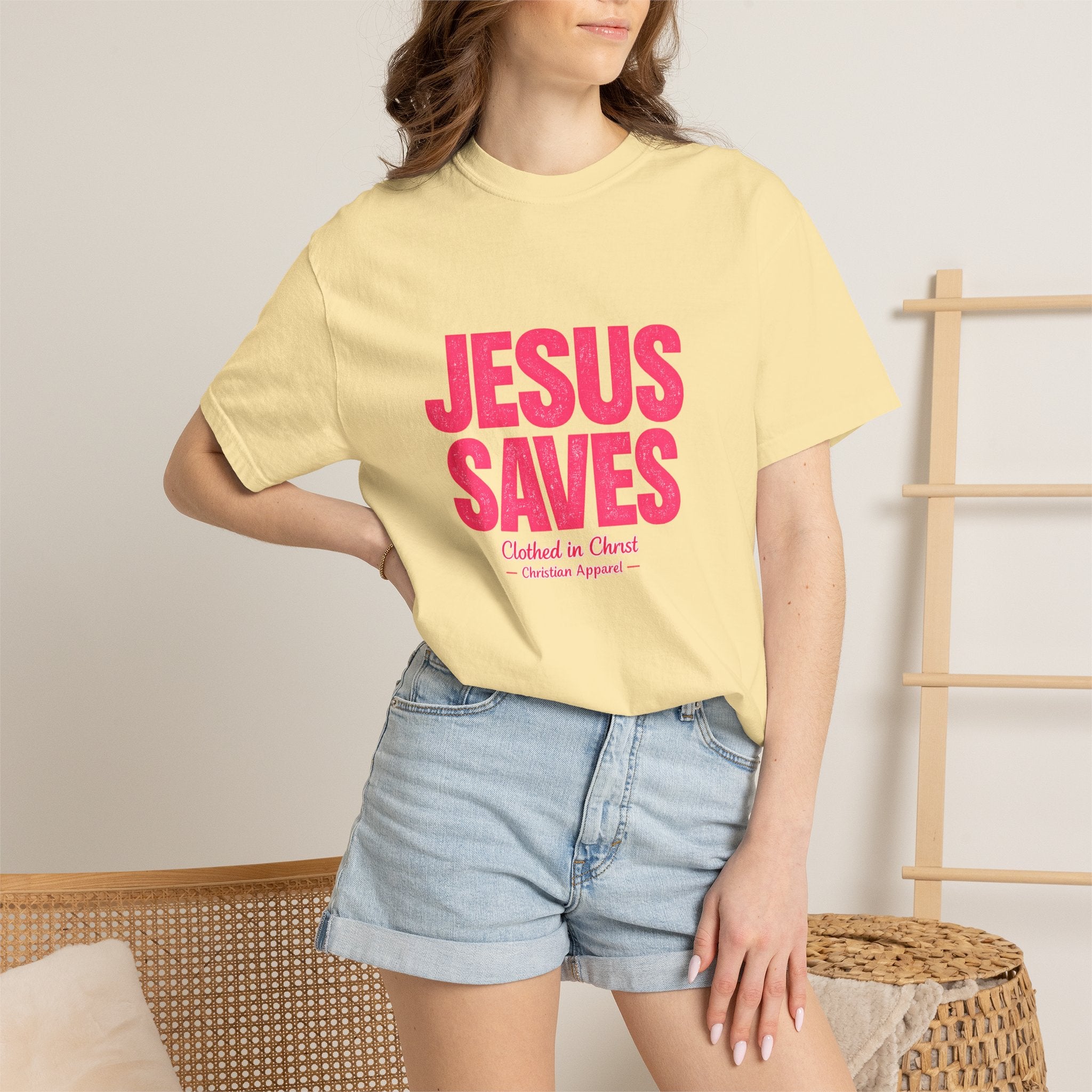 Clothed In Christ -Jesus Saves T-Shirt — Bold Pink Christian Faith Tee Printify