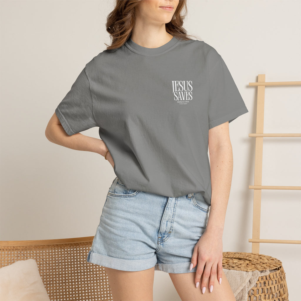 Jesus Saves T-Shirt — Minimal Embossed Religious Tee Printify
