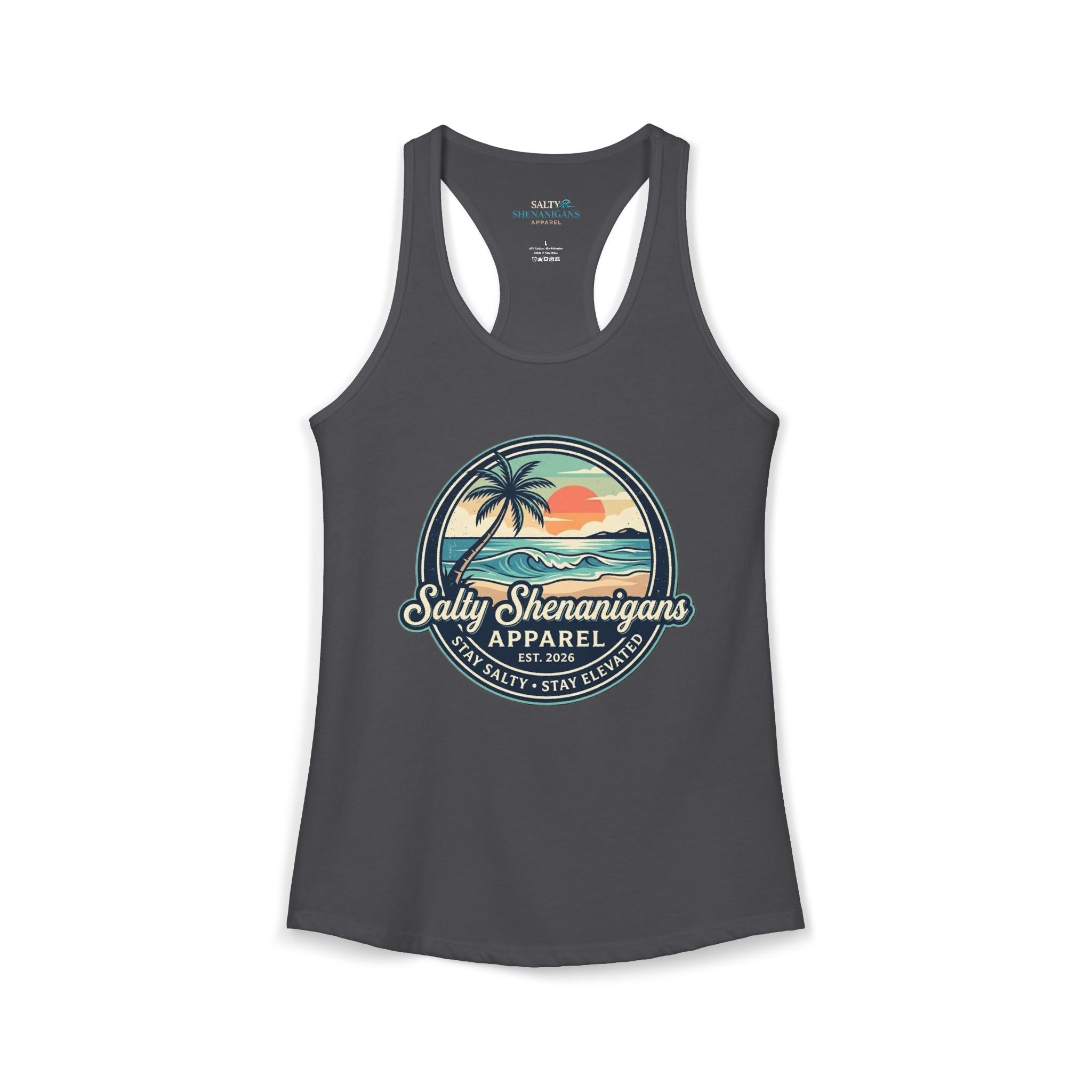 Salty Shenanigans Vintage Coastal Sunset Logo Women's Racerback Tank Printify
