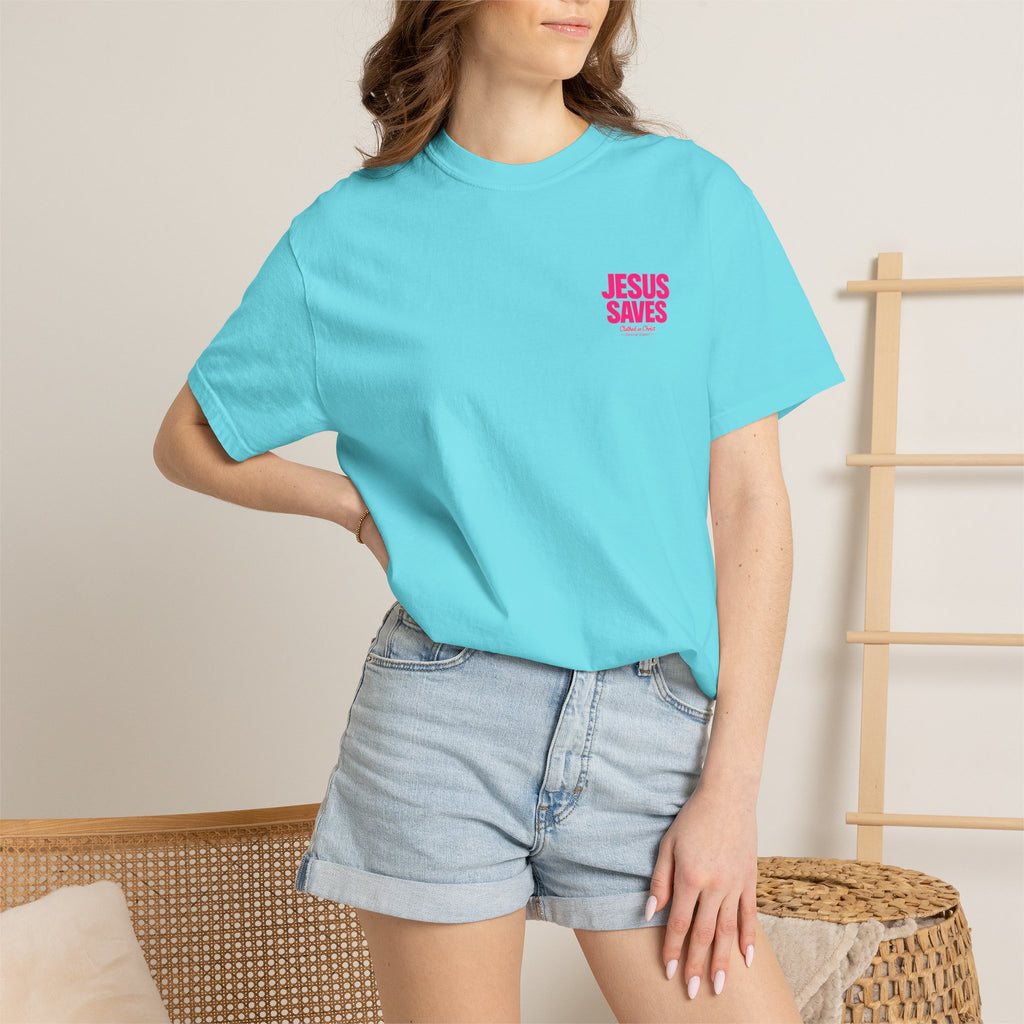 Jesus Saves T‑Shirt — Bold Pink Faith Graphic Tee Printify