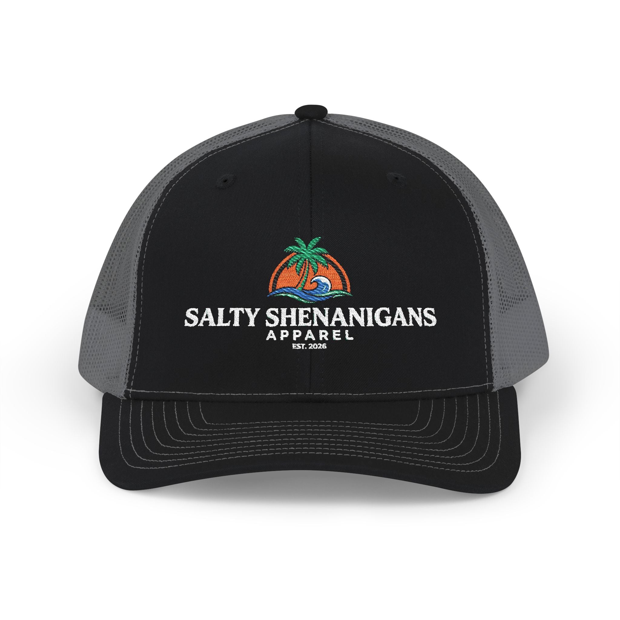 Salty Shenanigans Apparel Coastal Palm Wave Logo Collection | Premium Beach Lifestyle Trucker Hat & Graphic Tee | Richardson 112 Inspired Printify
