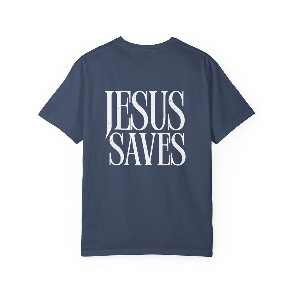 Jesus Saves T-Shirt — Minimal Embossed Religious Tee Printify