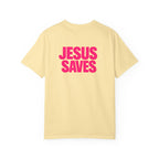 Jesus Saves T‑Shirt — Bold Pink Faith Graphic Tee Printify