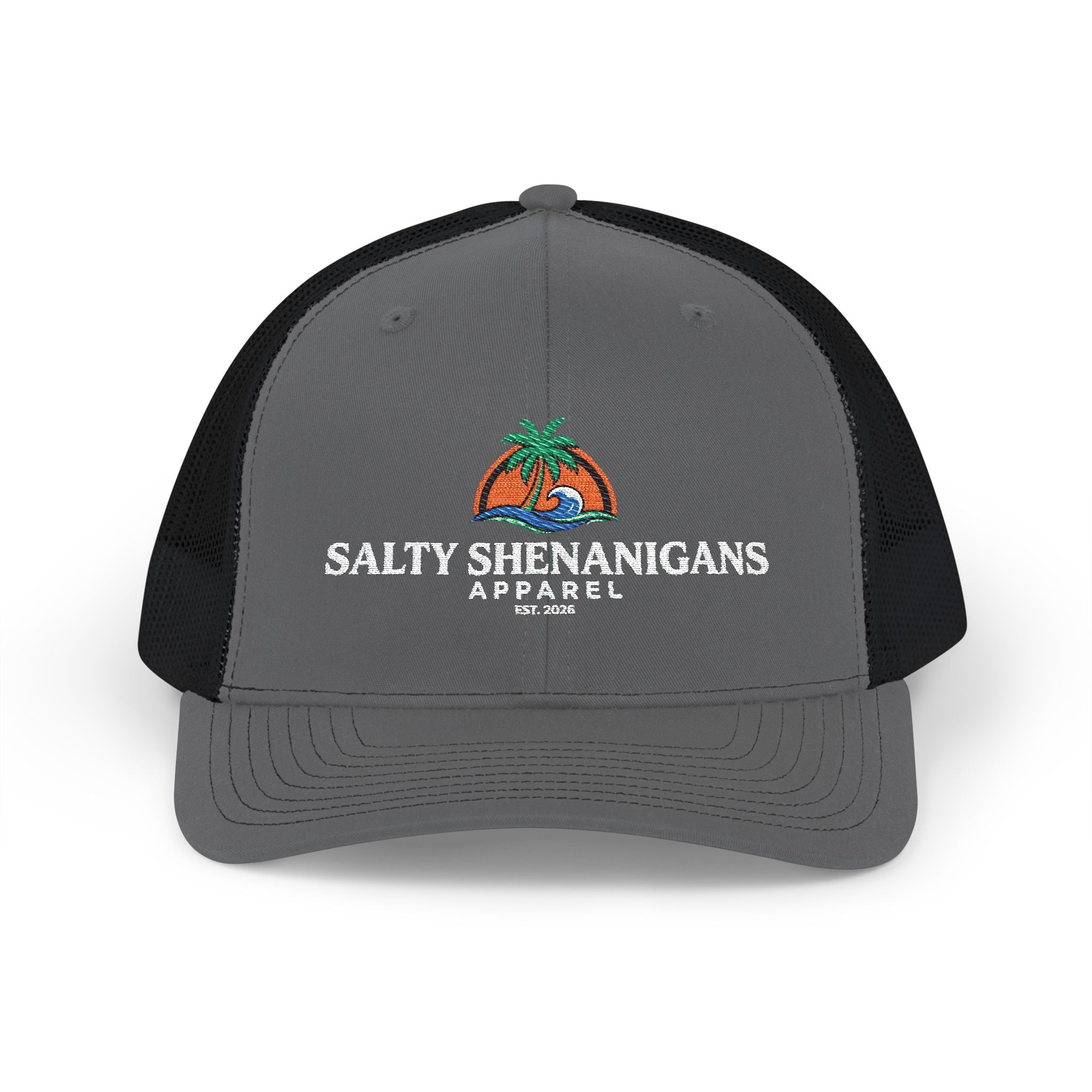 Salty Shenanigans Apparel Coastal Palm Wave Logo Collection | Premium Beach Lifestyle Trucker Hat & Graphic Tee | Richardson 112 Inspired Printify