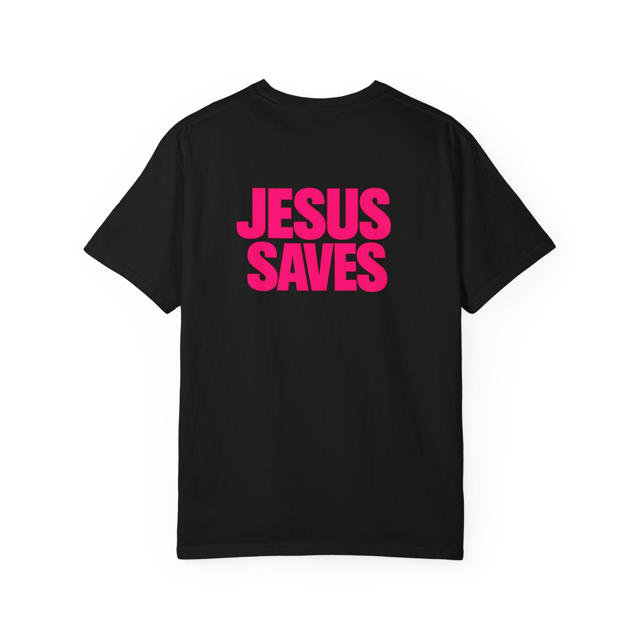 Jesus Saves T‑Shirt — Bold Pink Faith Graphic Tee Printify