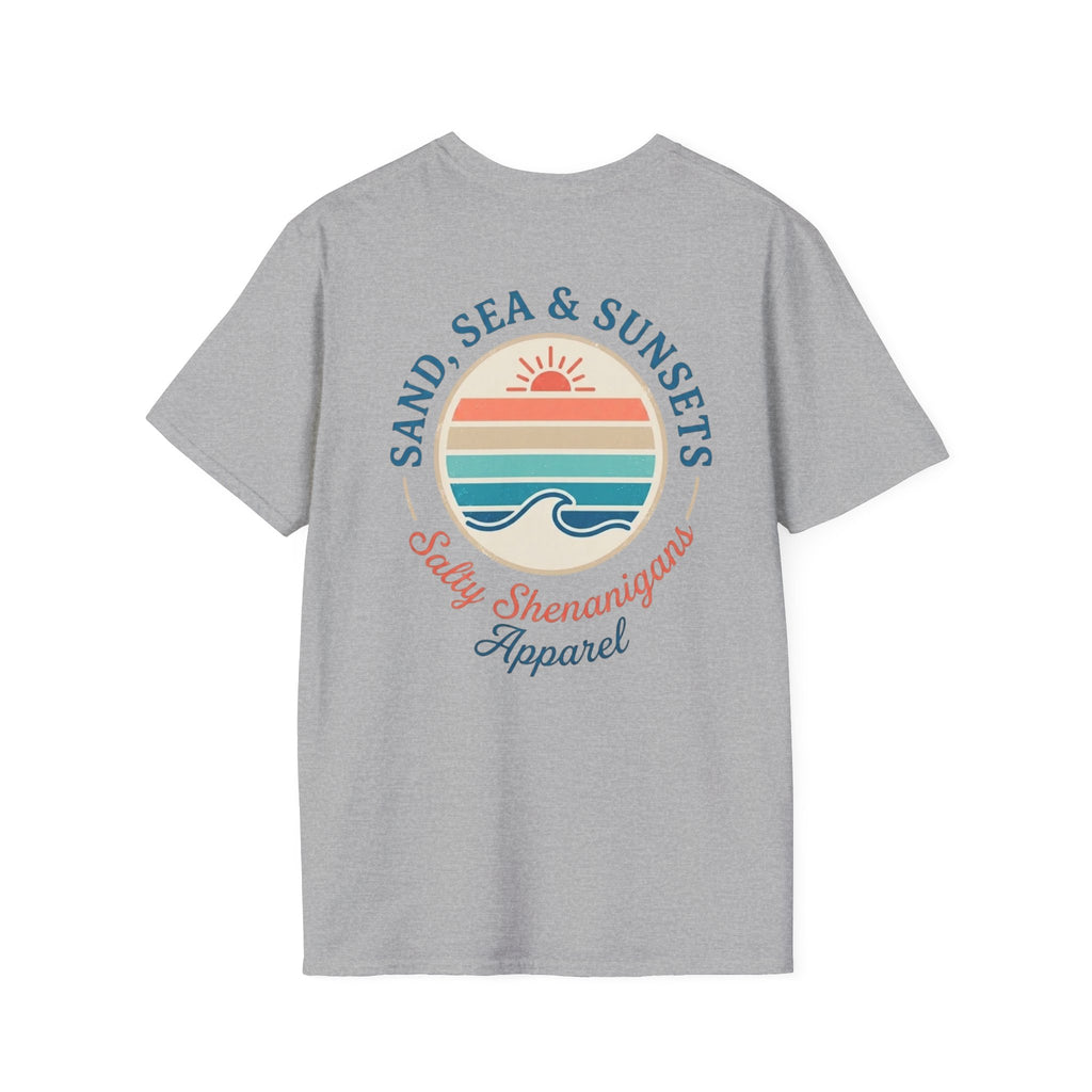 Salty Shenanigans Apparel Sand, Sea & Sunsets T-Shirt Printify