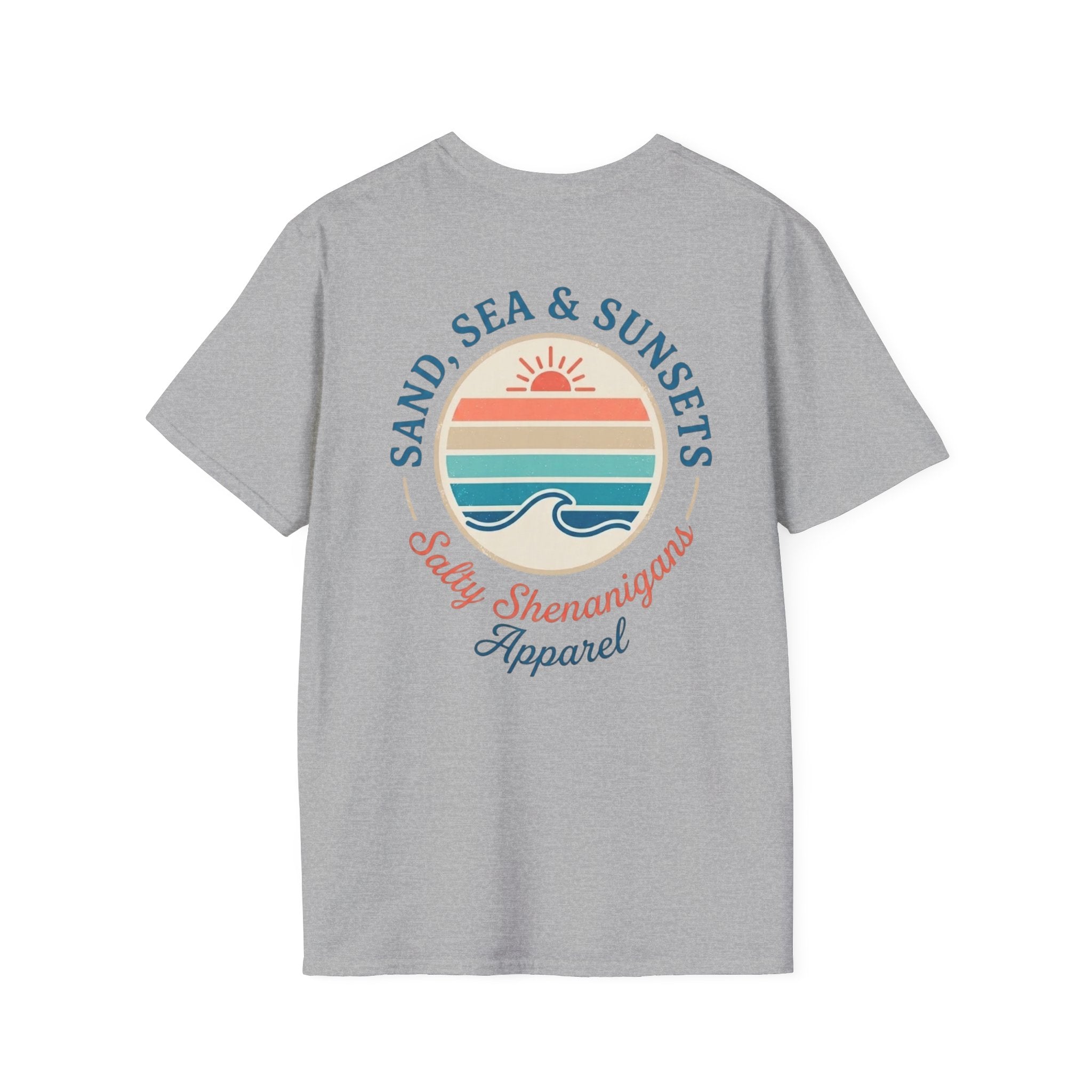 Salty Shenanigans Apparel Sand, Sea & Sunsets T-Shirt Printify