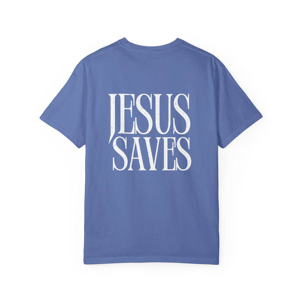 Jesus Saves T-Shirt — Minimal Embossed Religious Tee Printify