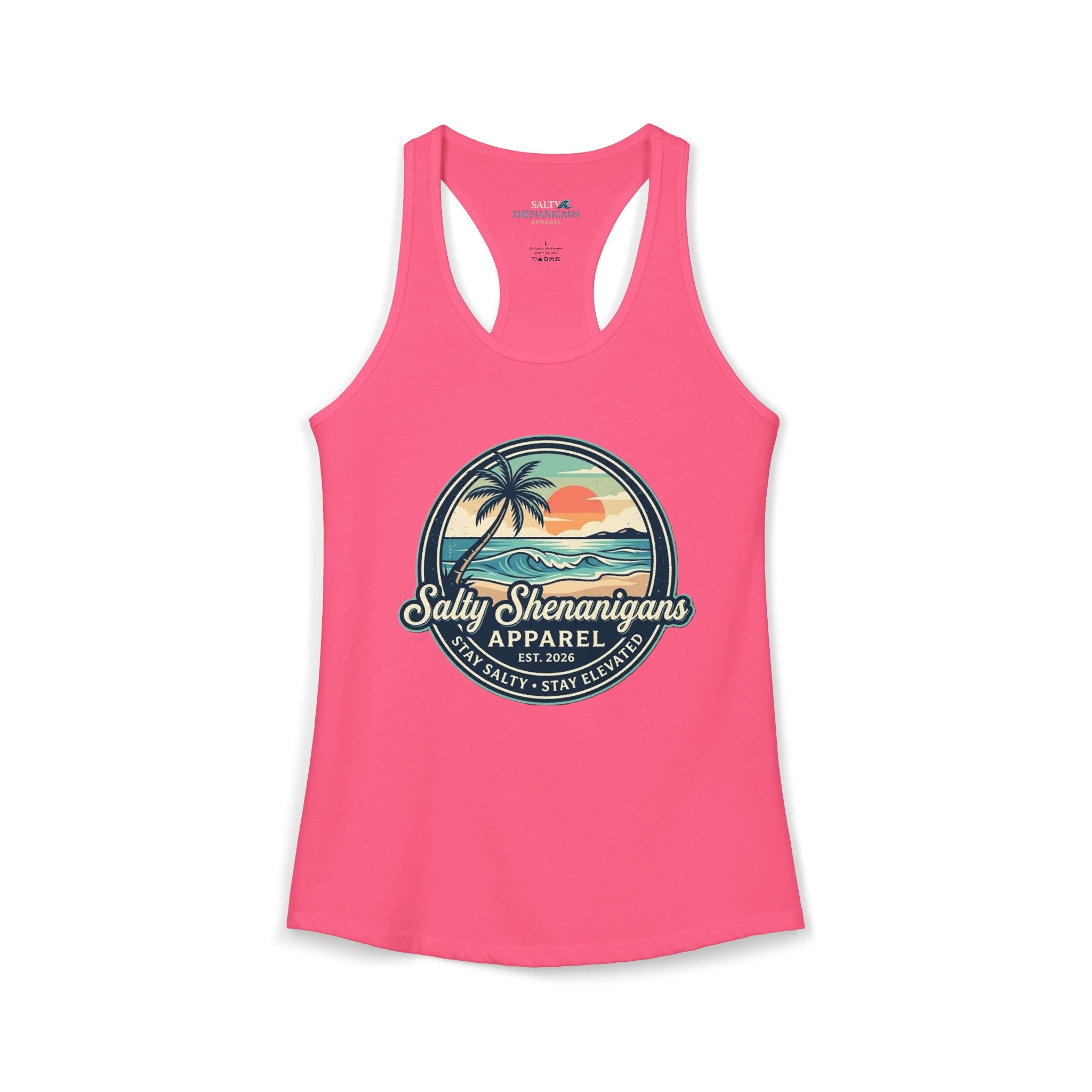 Salty Shenanigans Vintage Coastal Sunset Logo Women's Racerback Tank Printify