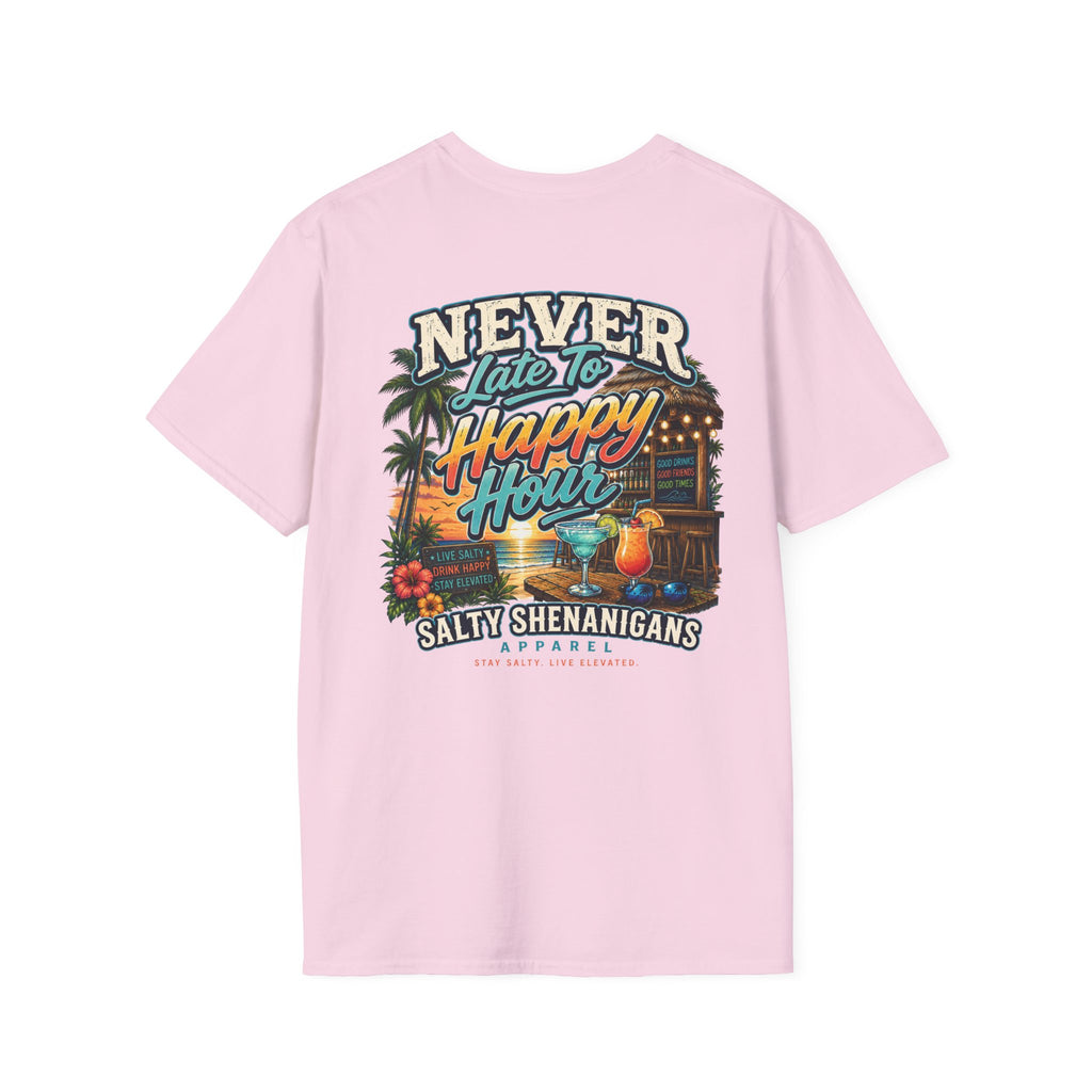 Never Late to Happy Hour Coastal Sunset Tee Printify