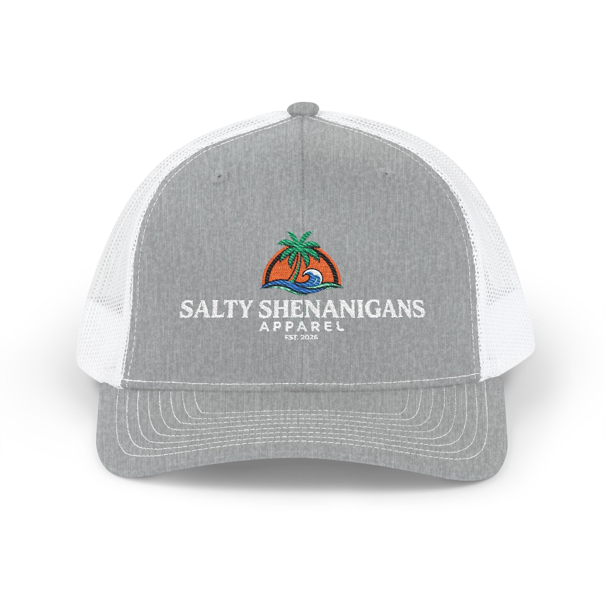 Salty Shenanigans Apparel Coastal Palm Wave Logo Collection | Premium Beach Lifestyle Trucker Hat & Graphic Tee | Richardson 112 Inspired Printify