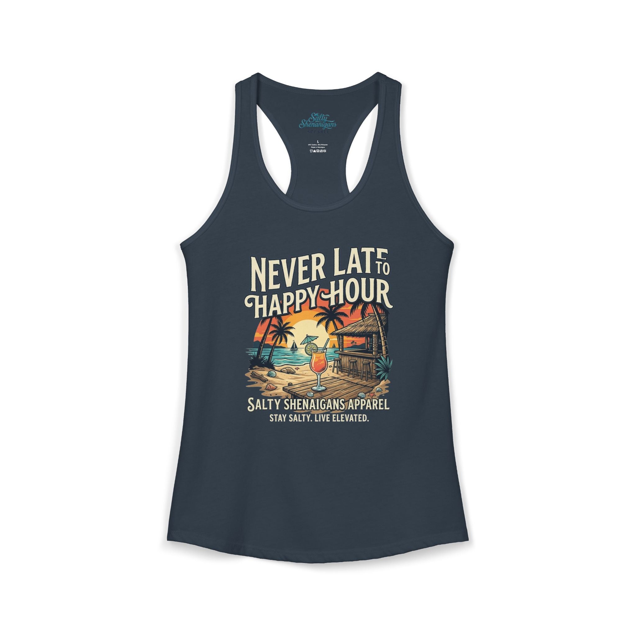 Never Late To Happy Hour Women's Racerback Tank Top Printify