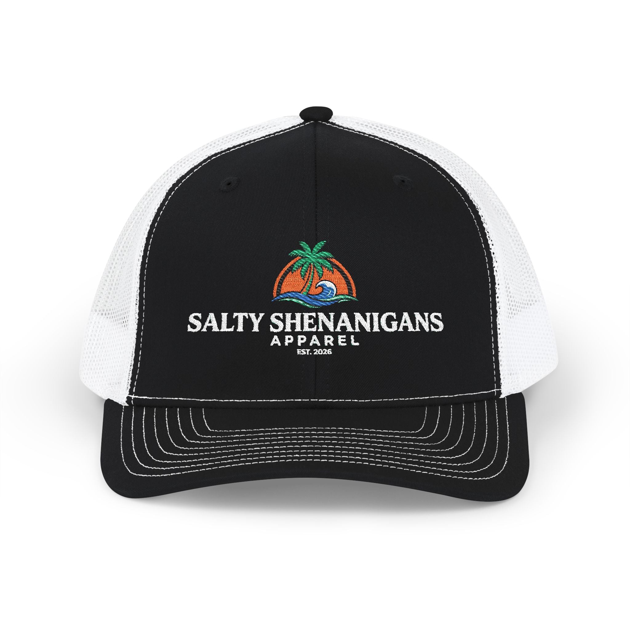 Salty Shenanigans Apparel Coastal Palm Wave Logo Collection | Premium Beach Lifestyle Trucker Hat & Graphic Tee | Richardson 112 Inspired Printify