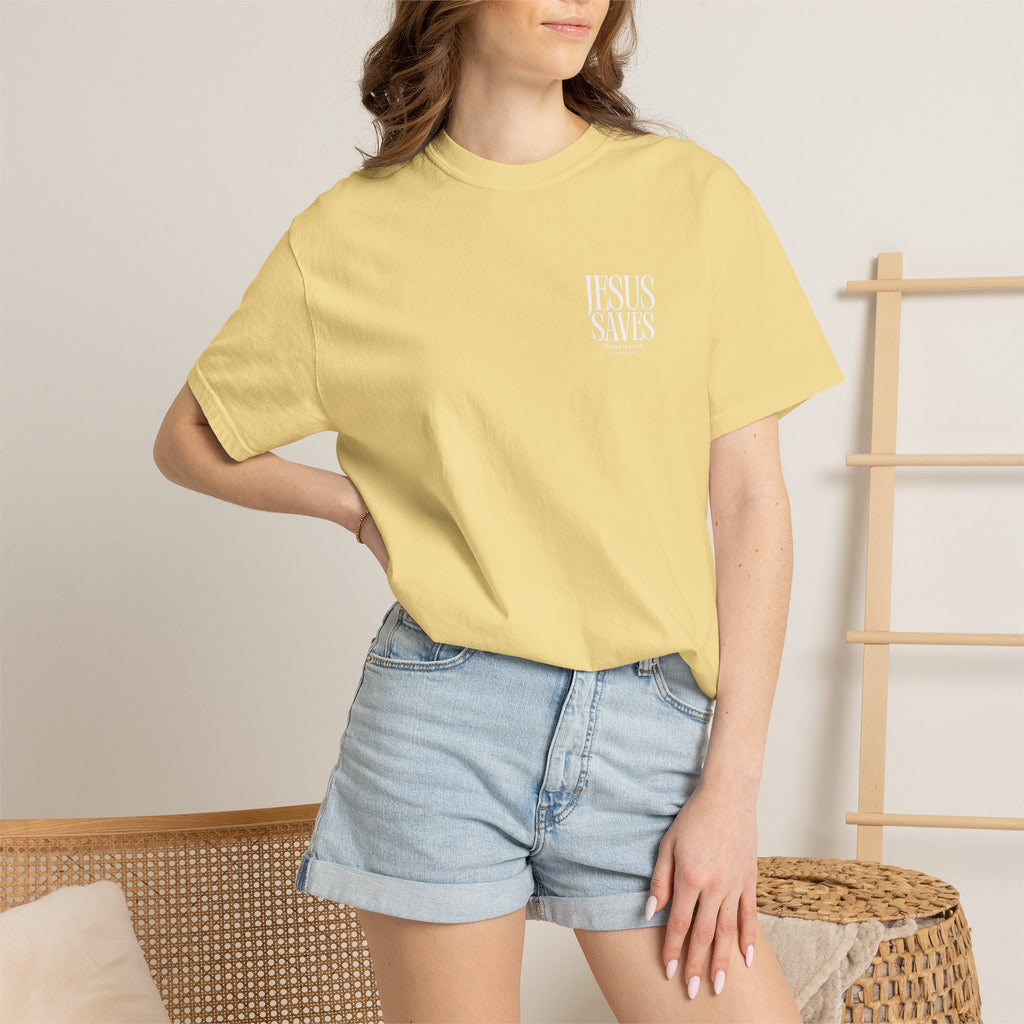 Jesus Saves T-Shirt — Minimal Embossed Religious Tee Printify