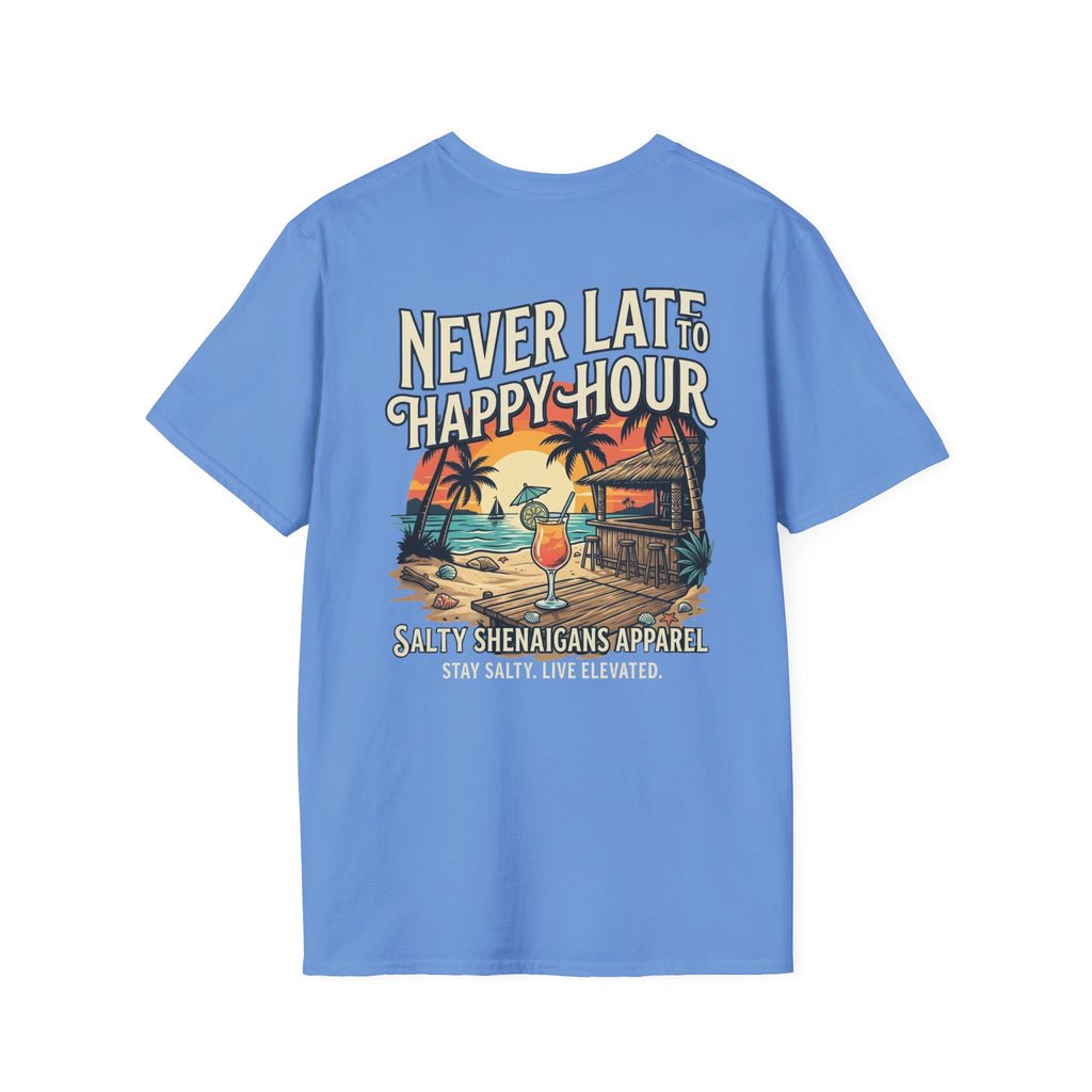 Never Late To Happy Hour Coastal Graphic Tee | Salty Shenanigans Apparel Printify