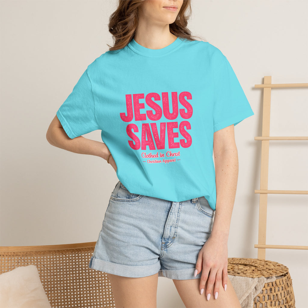 Clothed In Christ -Jesus Saves T-Shirt — Bold Pink Christian Faith Tee Printify
