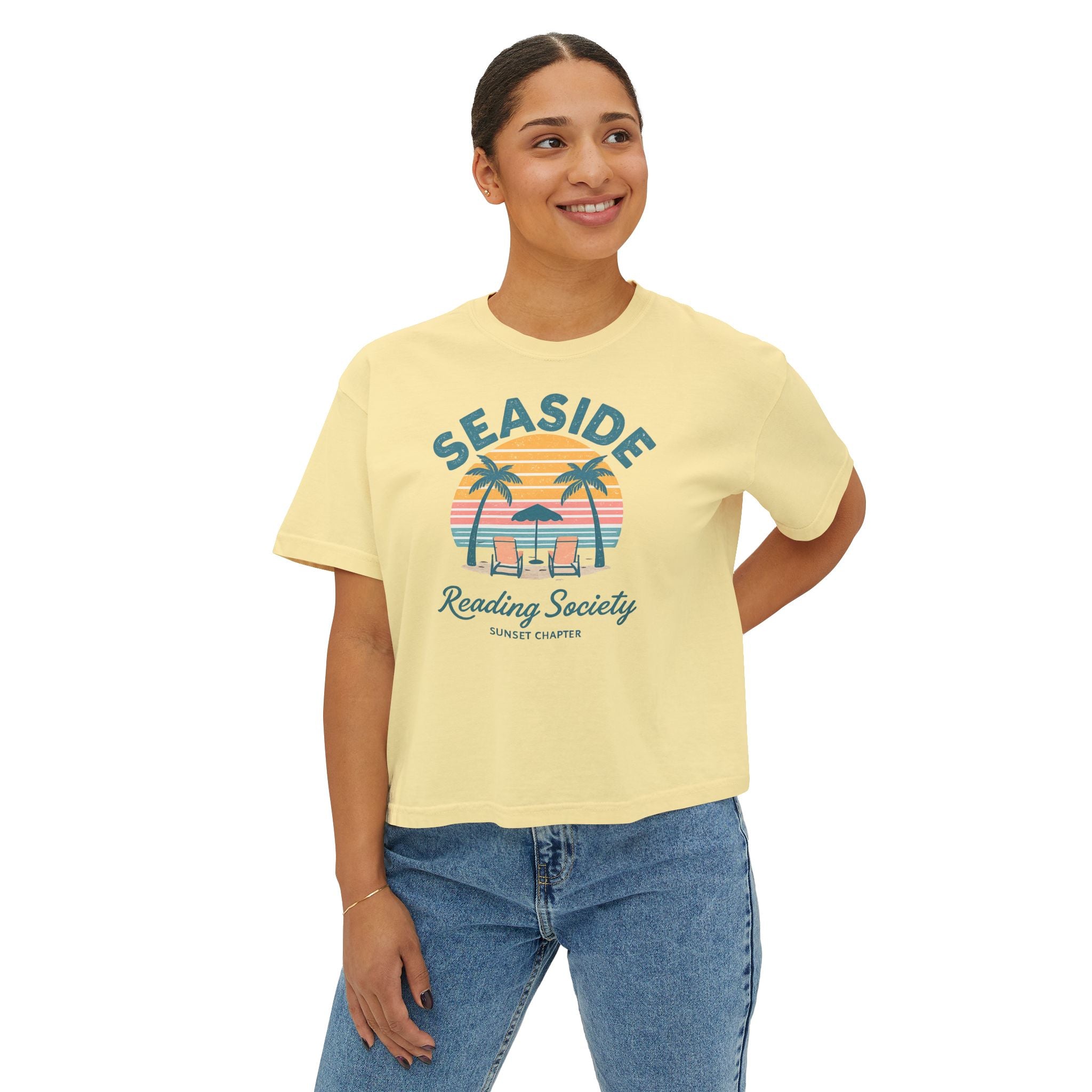 Seaside Reading Society Women's Boxy Tee — Beach Sunset Palm Graphic