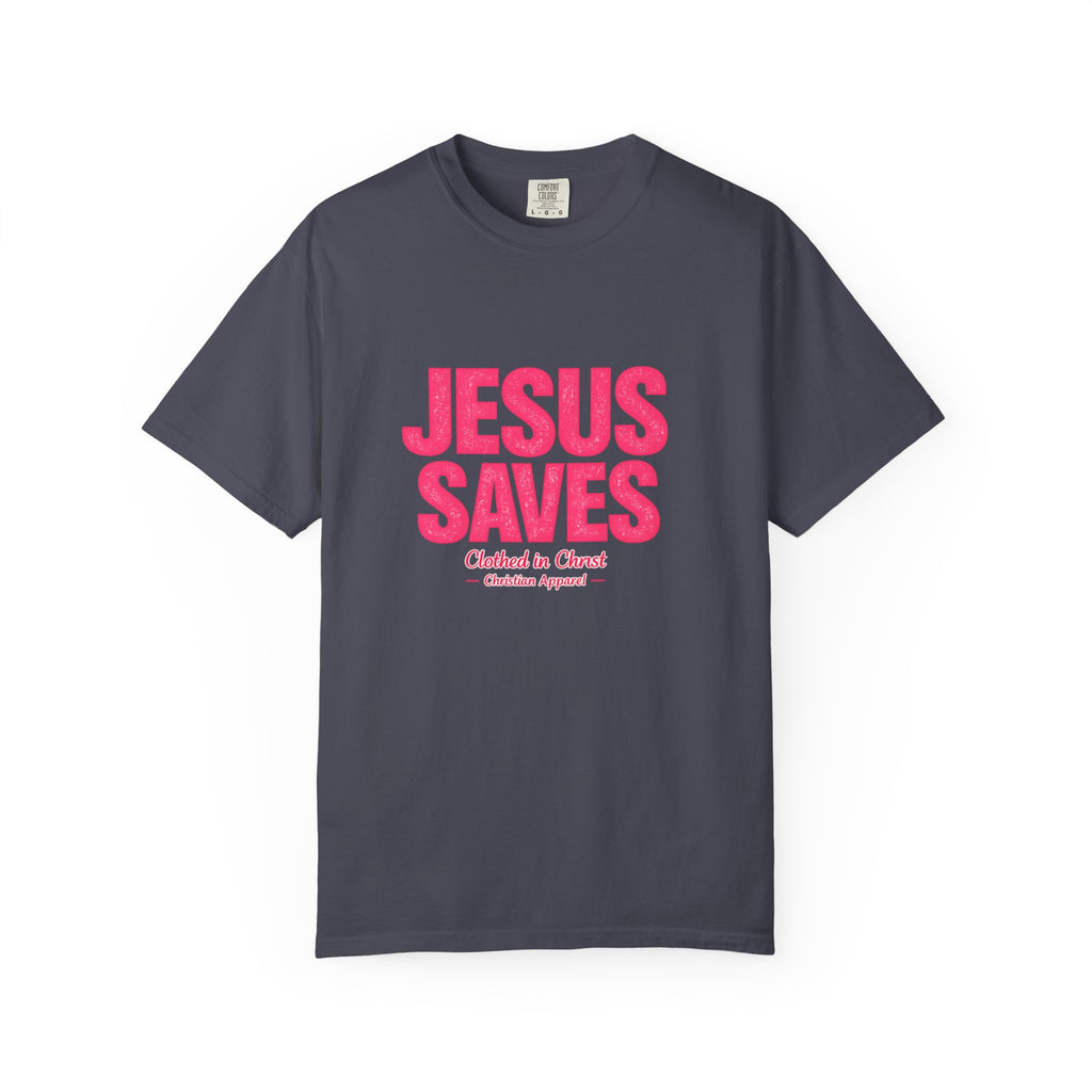 Clothed In Christ -Jesus Saves T-Shirt — Bold Pink Christian Faith Tee Printify