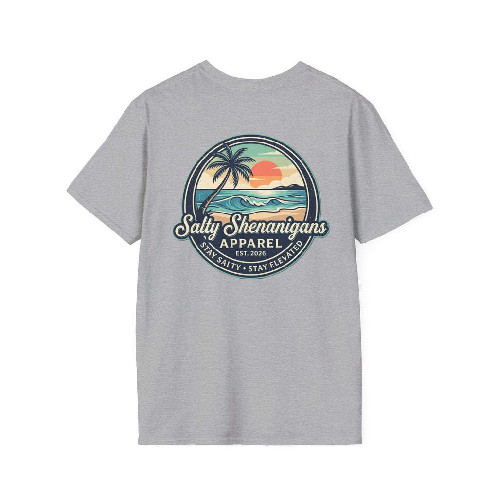 Salty Shenanigans Vintage Coastal Sunset Logo Printify