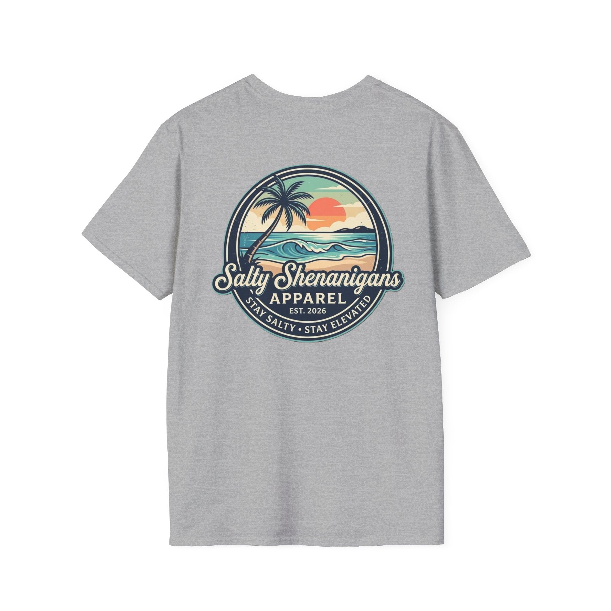 Salty Shenanigans Vintage Coastal Sunset Logo Printify