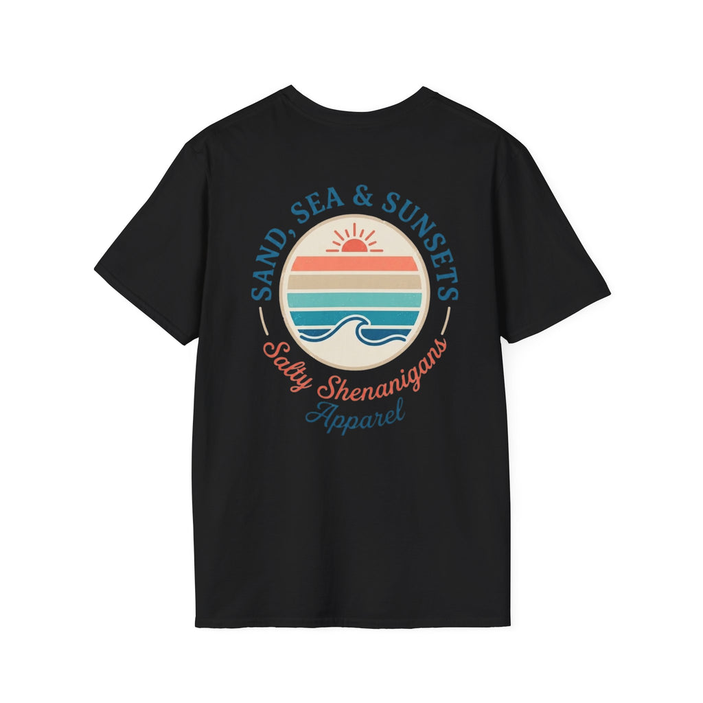 Salty Shenanigans Apparel Sand, Sea & Sunsets T-Shirt Printify