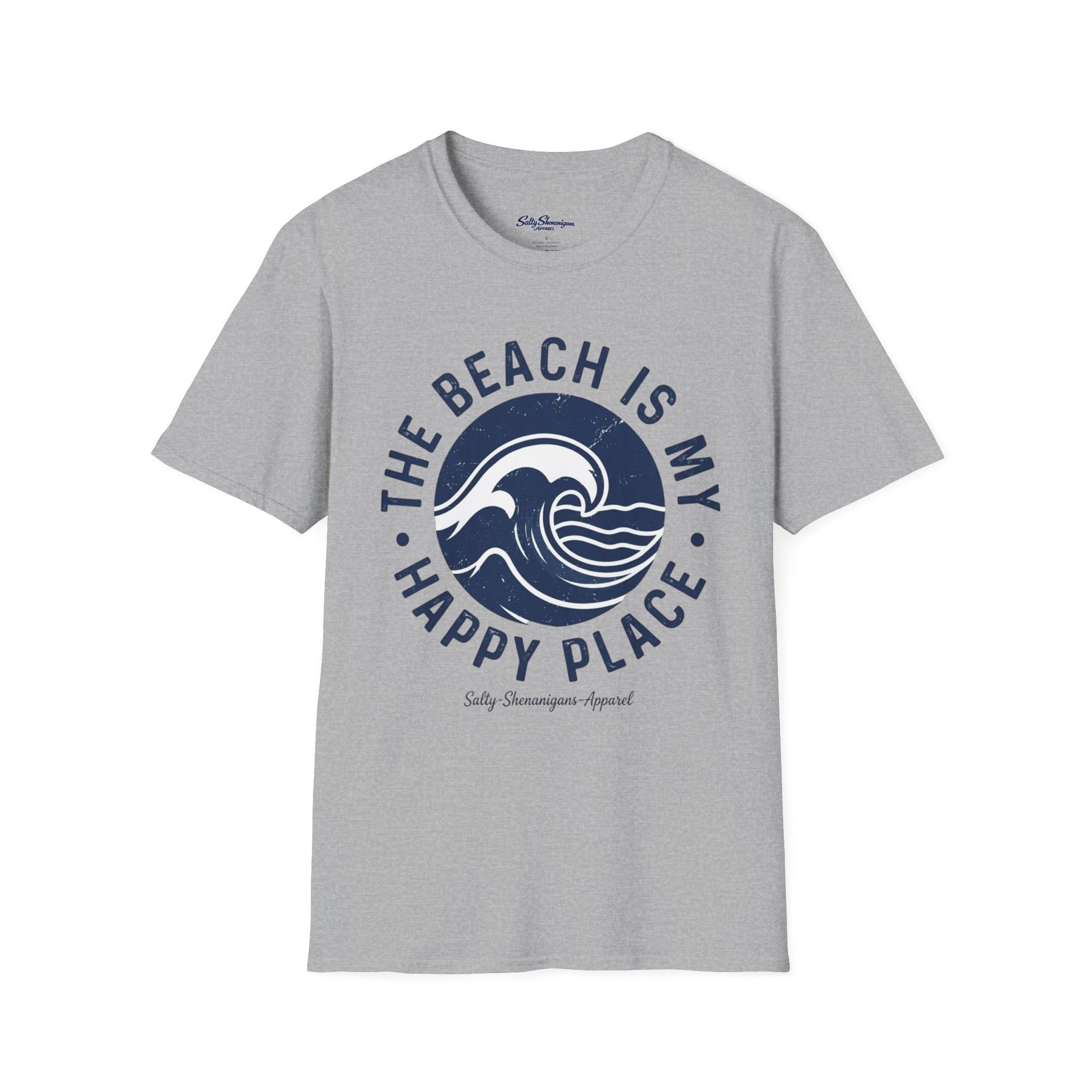 Salty Shenanigans Apparel The Beach Is My Happy Place T-Shirt Printify