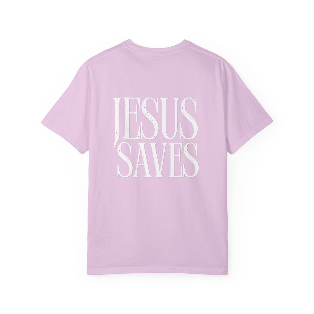 Jesus Saves T-Shirt — Minimal Embossed Religious Tee Printify
