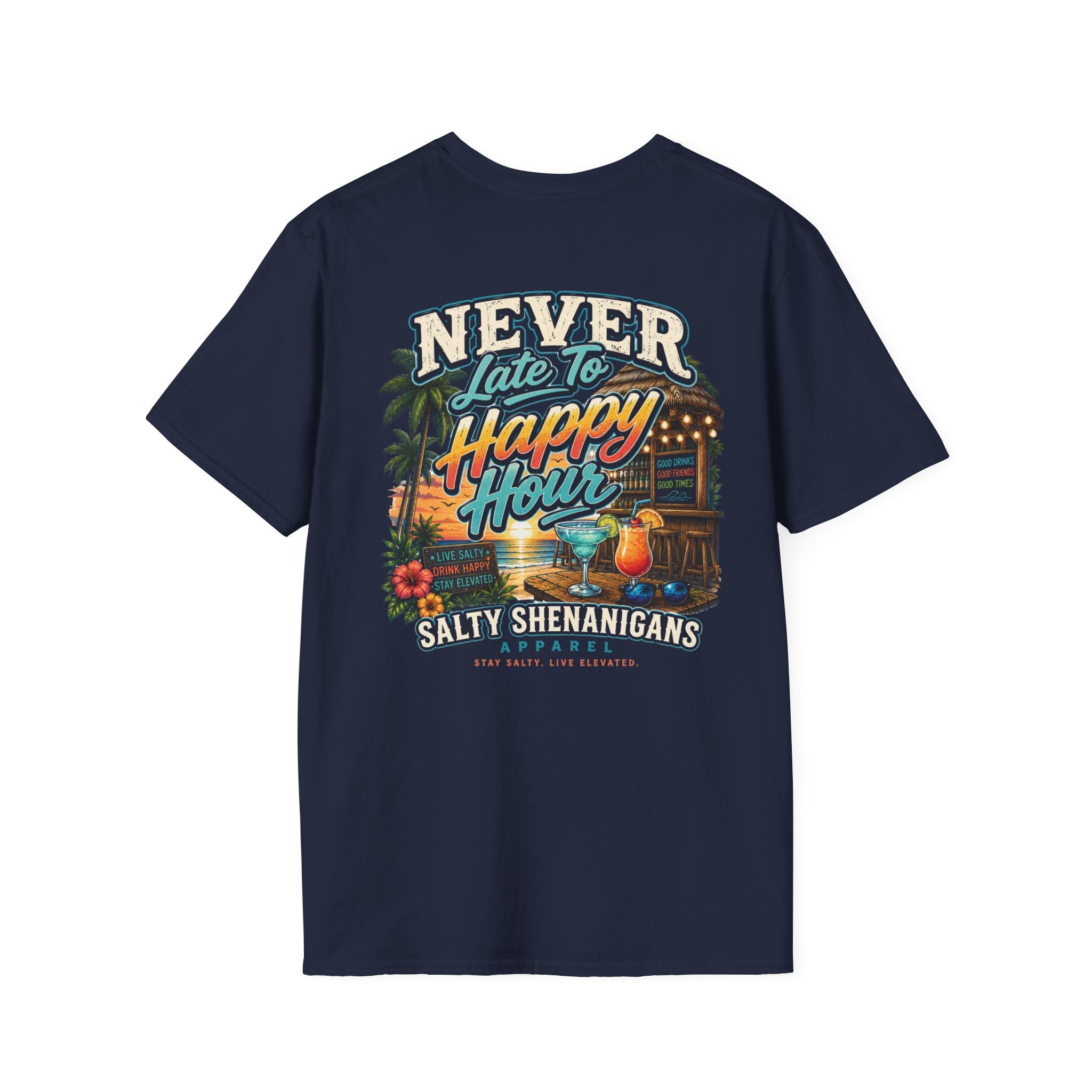 Never Late to Happy Hour Coastal Sunset Tee Printify