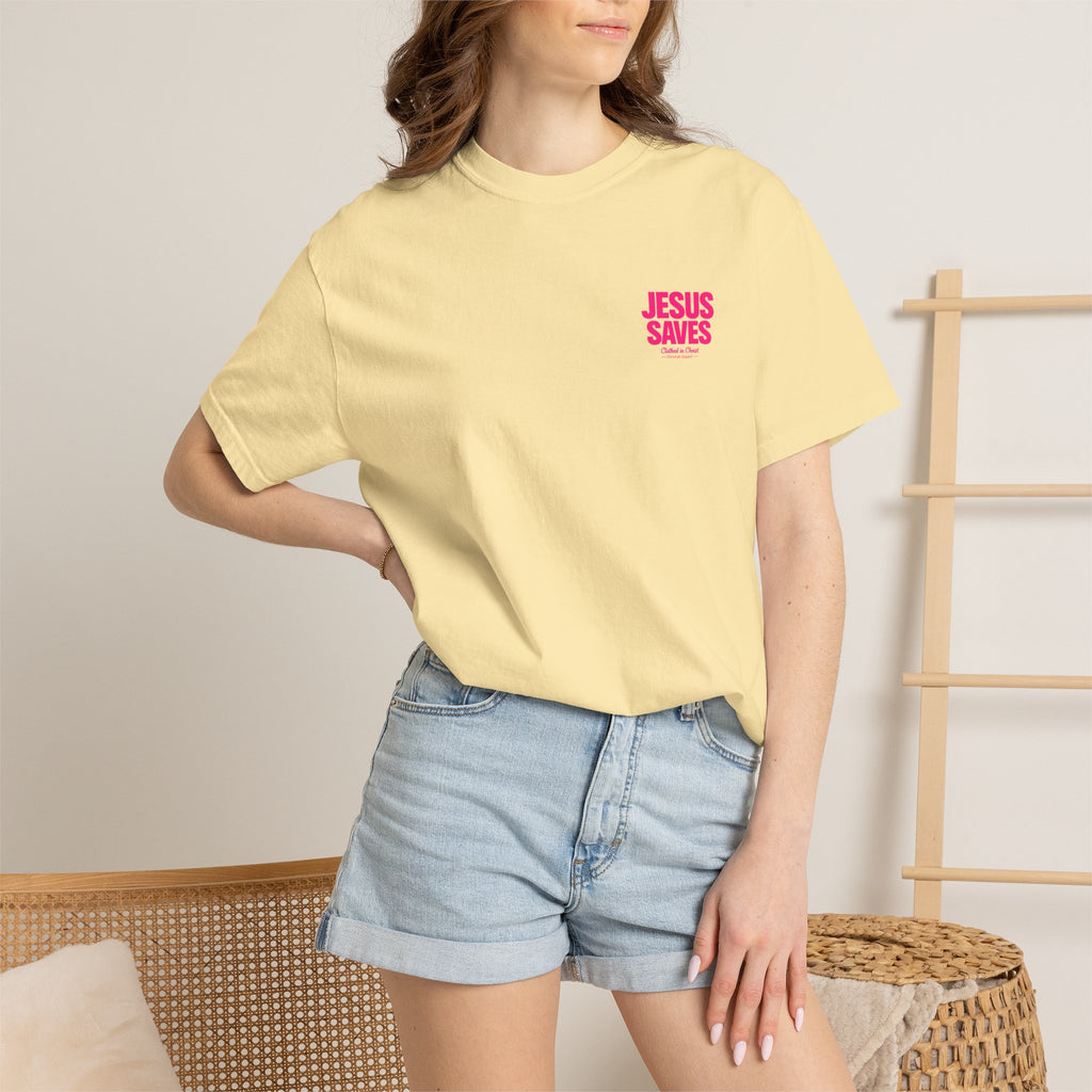 Jesus Saves T‑Shirt — Bold Pink Faith Graphic Tee Printify