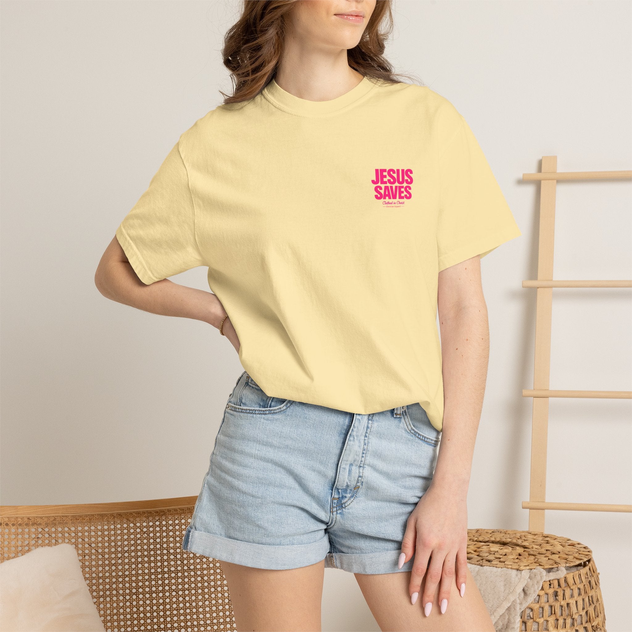 Jesus Saves T‑Shirt — Bold Pink Faith Graphic Tee Printify