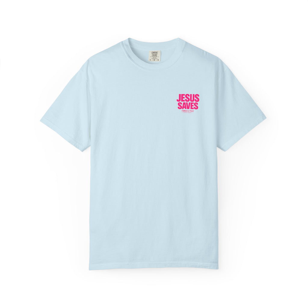Jesus Saves T‑Shirt — Bold Pink Faith Graphic Tee Printify