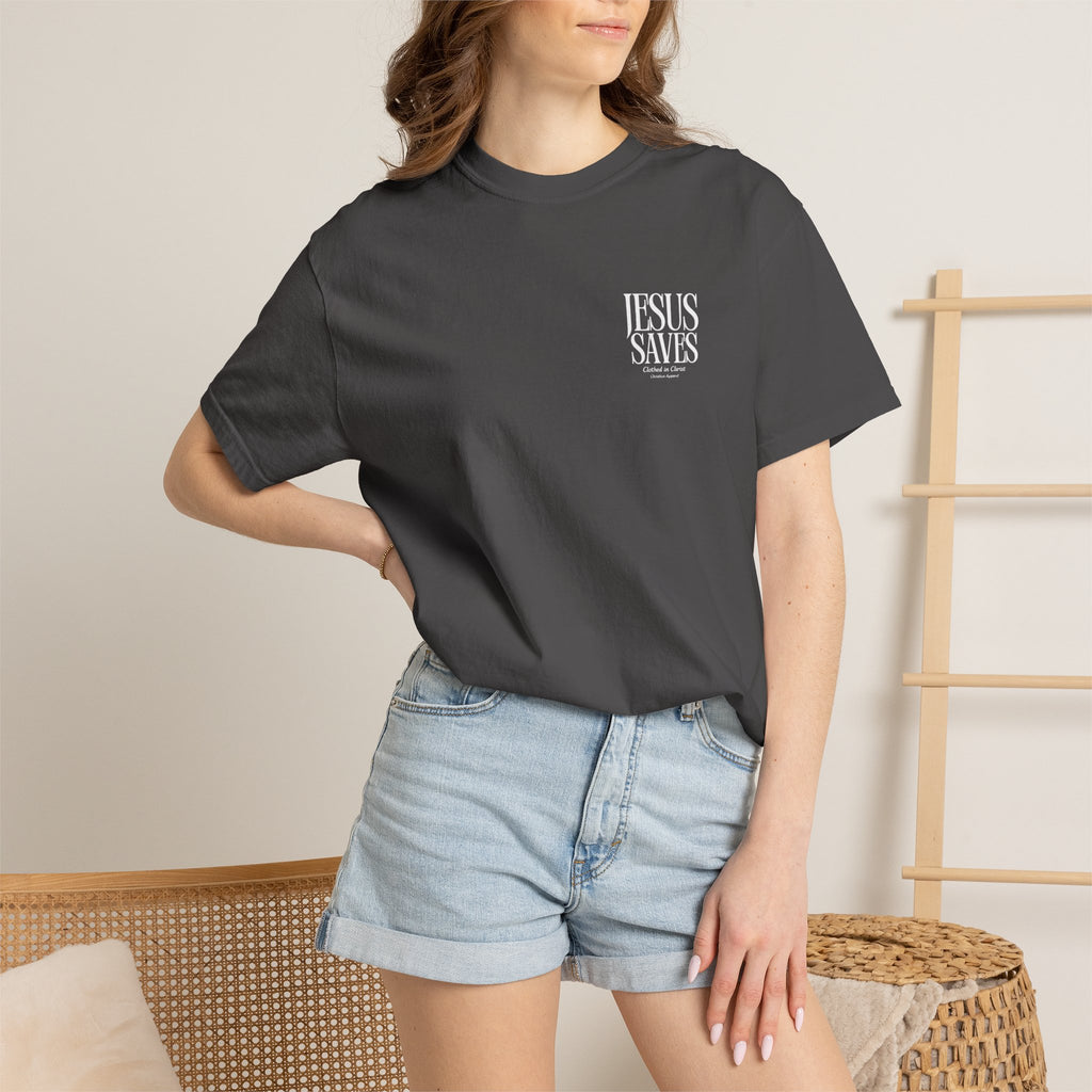 Jesus Saves T-Shirt — Minimal Embossed Religious Tee Printify