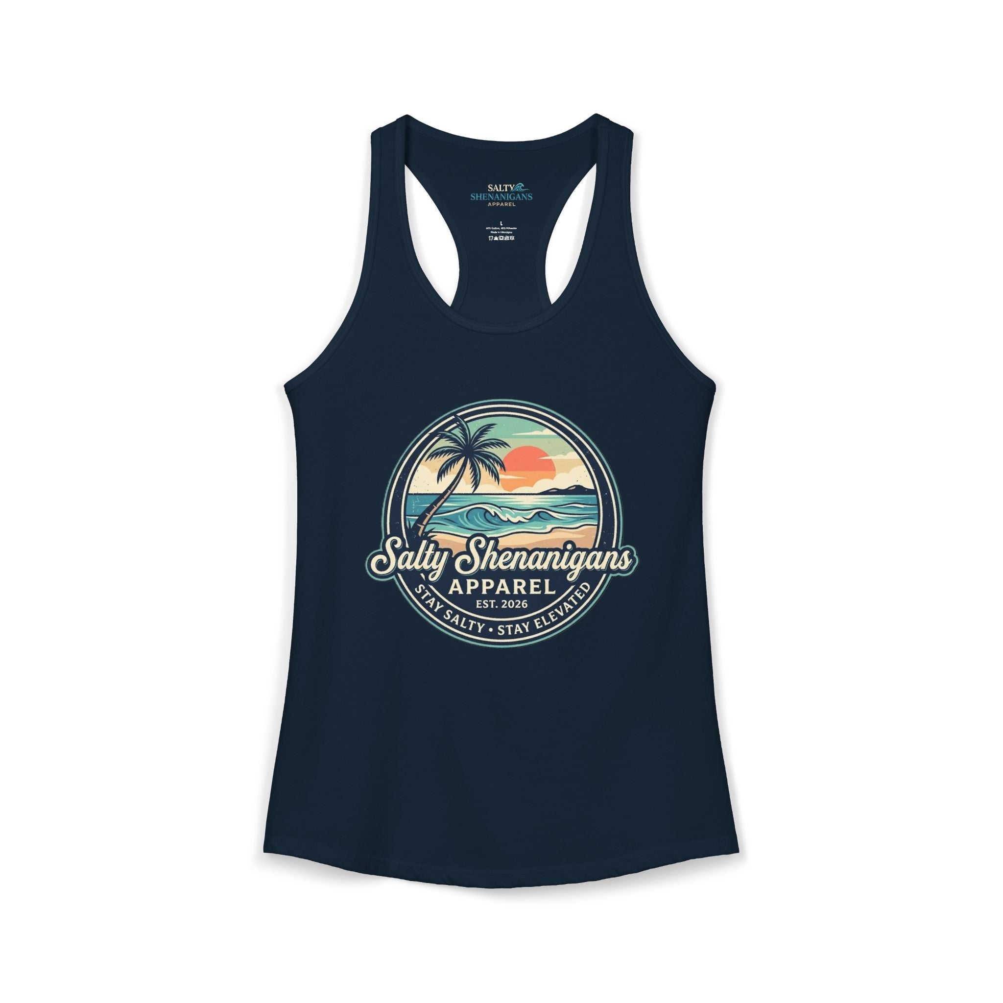 Salty Shenanigans Vintage Coastal Sunset Logo Women's Racerback Tank Printify
