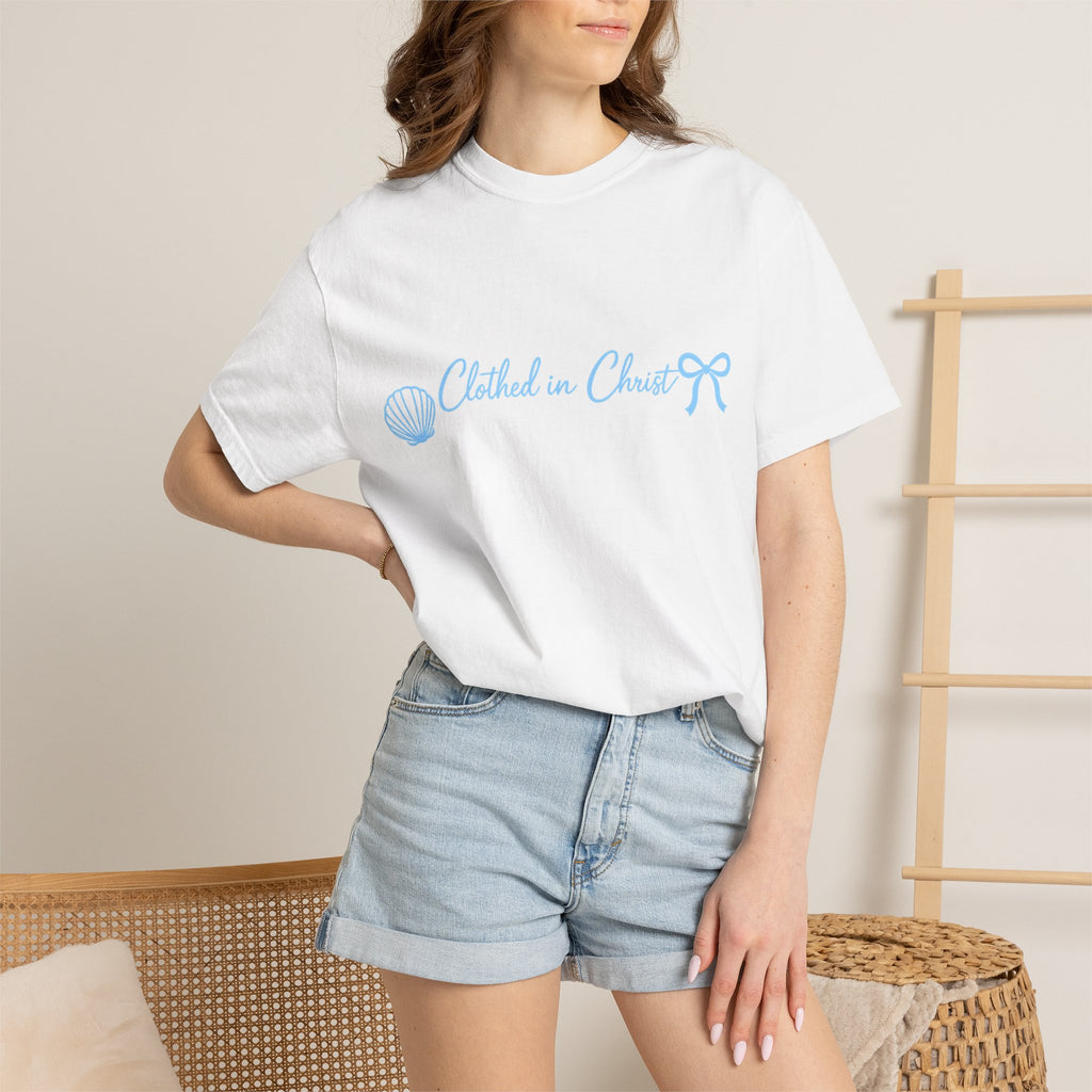 Clothed in Christ Coastal T-Shirt- Blue Print Printify