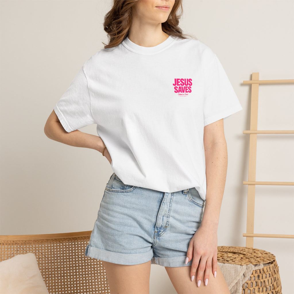 Jesus Saves T‑Shirt — Bold Pink Faith Graphic Tee Printify