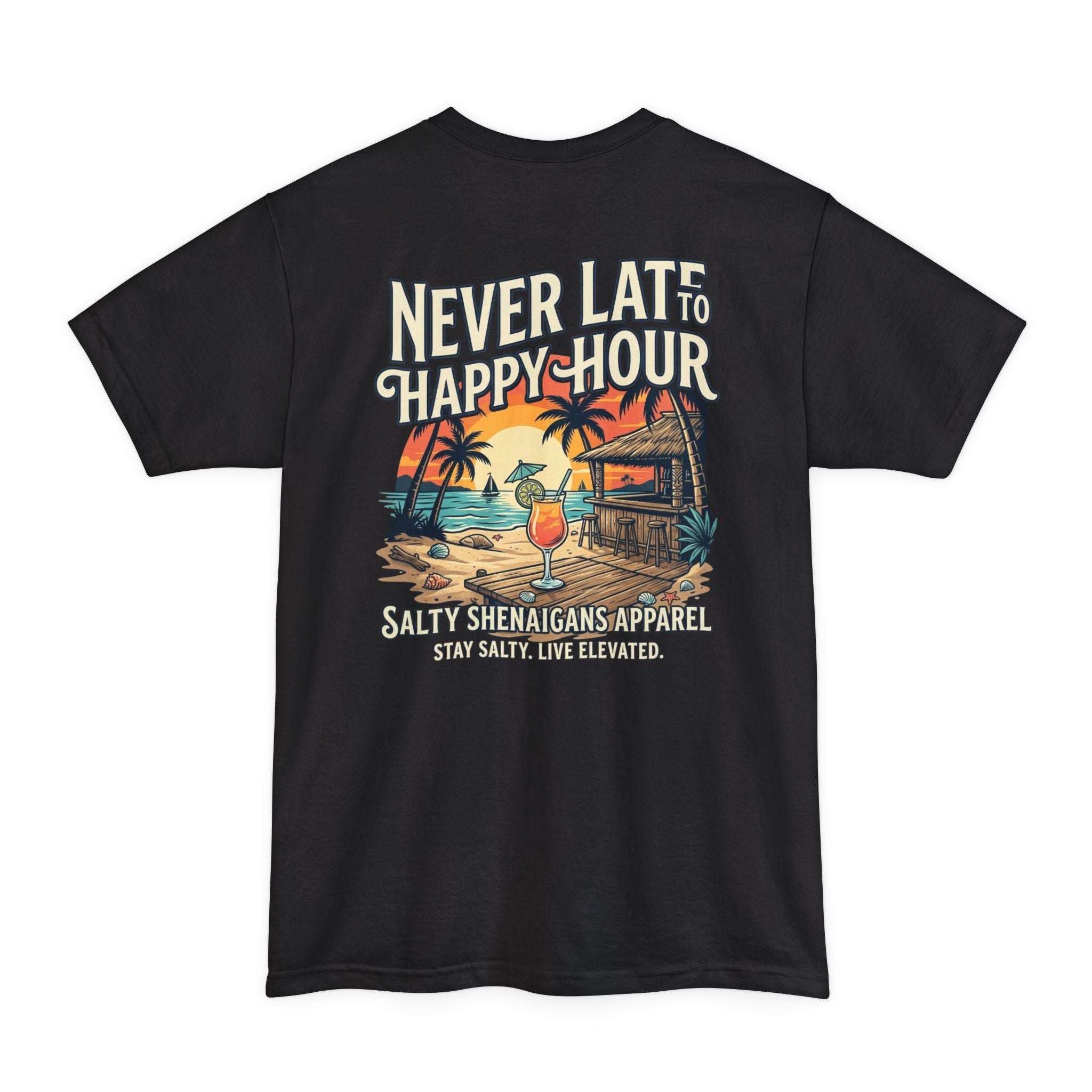 Never Late to Happy Hour – Funny Beach Bar Graphic Tee | Hanes Beefy-T Adult T-Shirt Printify