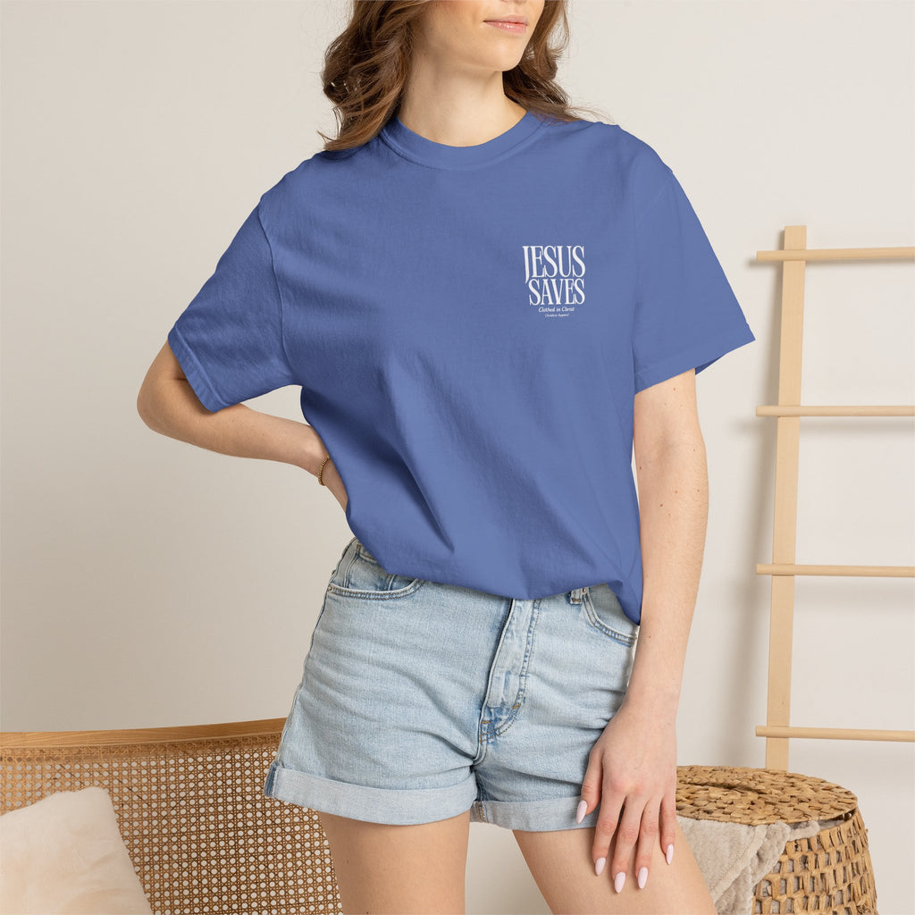 Jesus Saves T-Shirt — Minimal Embossed Religious Tee Printify