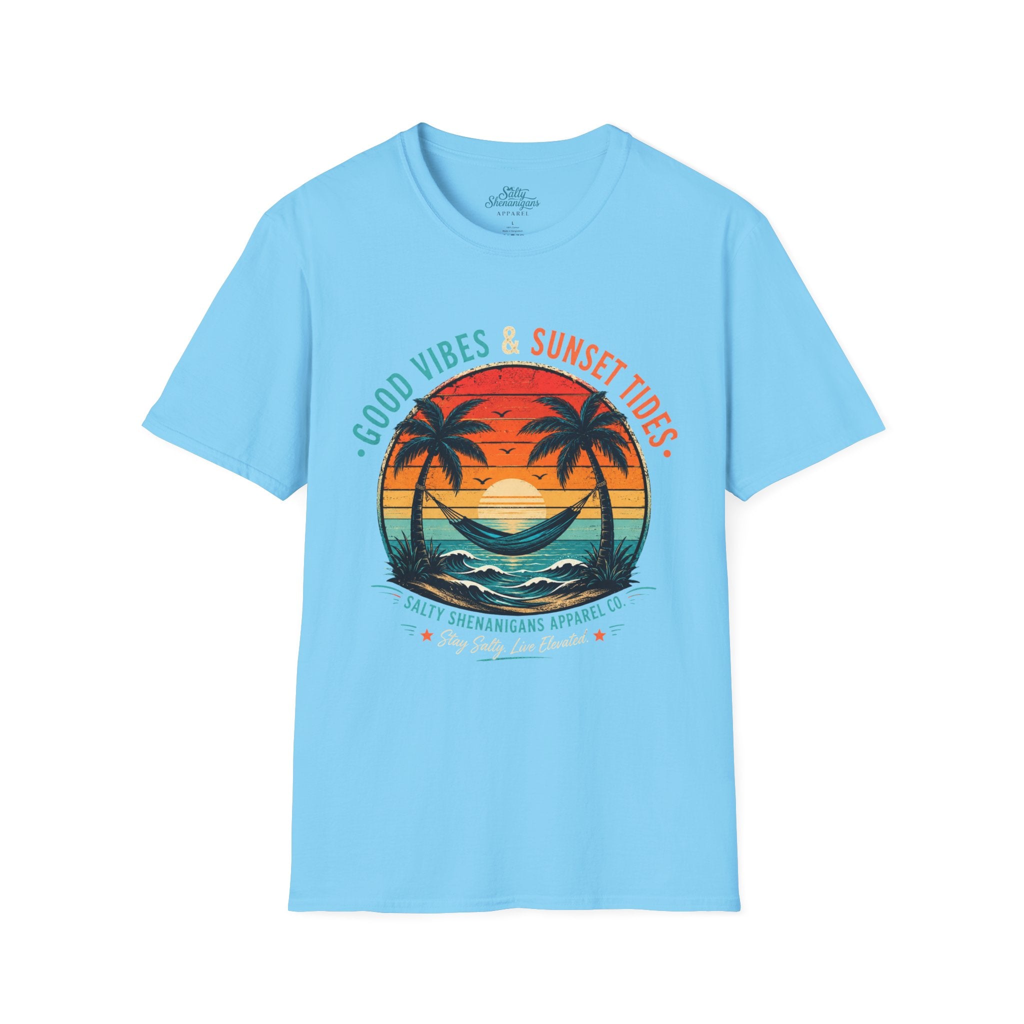 Good Vibes & Sunset Tides – Vintage Coastal Graphic T-Shirt Printify