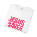 Clothed In Christ -Jesus Saves T-Shirt — Bold Pink Christian Faith Tee Printify